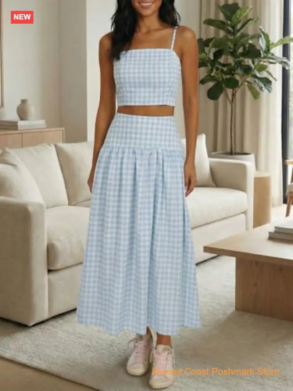 2 Piece Skirt Set Gingham Crop Tank Top Midi Dress Travel Vacation Matching Set